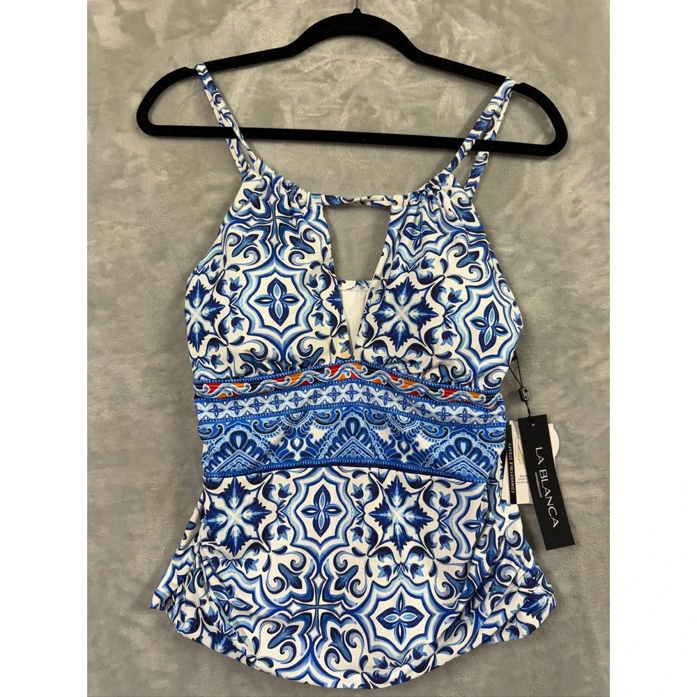 La Blanca Tankini Top Womens Blue White Tile Print Tummy Control 10 $111